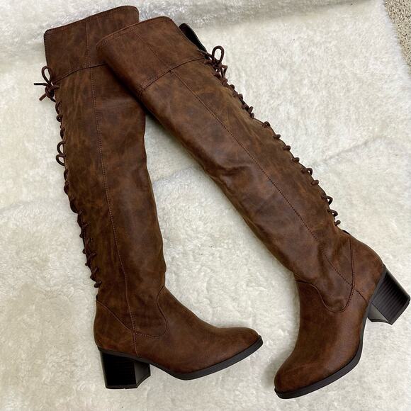 White Mountain Shoes - White Mountain Tall Over Knee Bonita Heeled Lace up High Boots Cognac Brown